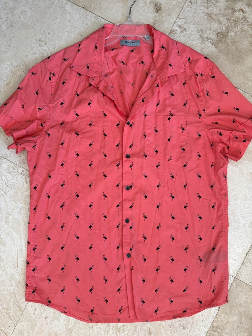 Reaction Kenneth Cole Coral Short-Sleeve Button-Down with Black Bird Print